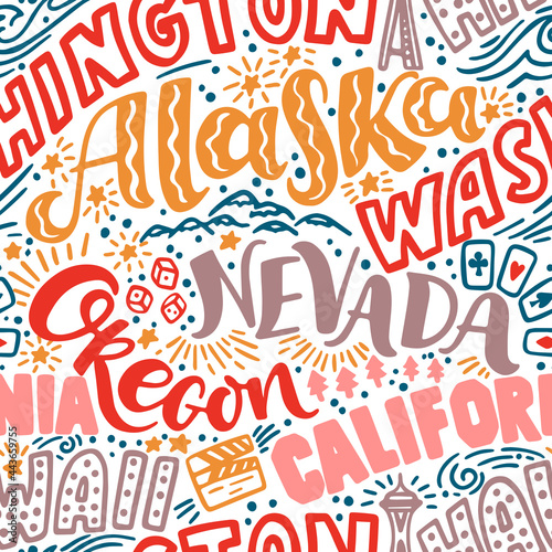 Around the World. AMERICAN WESTERN STATES vector lettering seamless pattern. Country and major cities. Vector illustration (ID: 443659755)