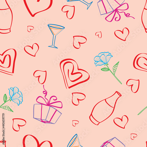 pattern, on a pink background gifts flowers and hearts, vector illustration,