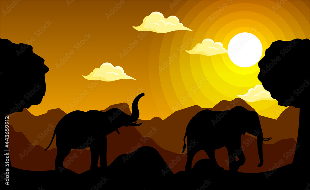 Vector illustration of elephant and tropical rainforest horizontal panorama in silhouette style with trees and mountains, forest concept.
