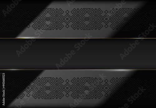 Vector layered glossy black background with scandinavian pattern. Luxury ethnic geometric pattern in norwegian style. Slavic design golden line. Viking epic luxury impression