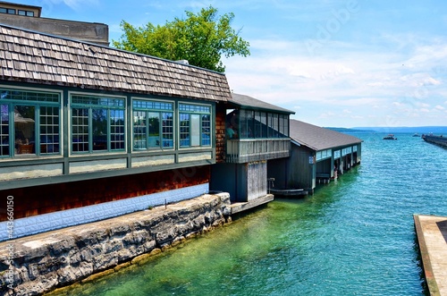 Photography Waterfront buildings, restaurant and boathouses, on the  the Skaneateles Lake