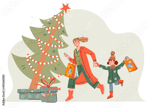 Mother and daughter buying gifts and preparing for Christmas, cartoon vector illustration isolated on white background. Family Christmas shopping and winter New Year sales.