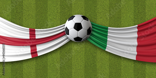 England Vs. Italy soccer match. National flags with football. 3D Rendering