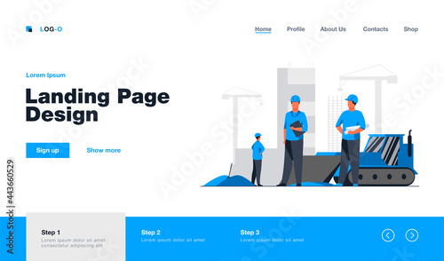Builders in helmets working at construction site. Machine, building, worker flat vector illustration. Engineering and development concept for banner, website design or landing web page