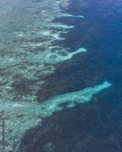 Coral Reef from a drone aerial birds eye top down view rocks and water blue turquoise green natural shape and form no people and copy space corals and sea life © Huw Penson