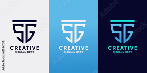 Shield logo design initial letter SG with line art style and creative concept. Logo design template for business company and personal