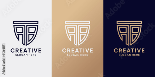 Symbol of shield logo design initial letter AB with line art style and creative concept. Logo design template for business company and personal