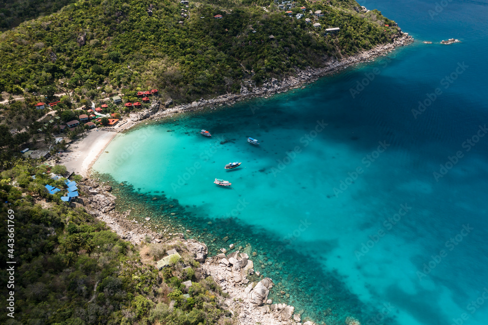 Aow Leuk Beach on Koh Tao, Thailand Drone Aerial View of Stunning Scuba Diving Bay with boats