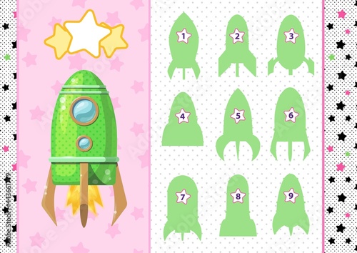 Find the correct shadow. Printable worksheet. A4 lanscape horizontal page. Rocket. Educational game for children. Vector