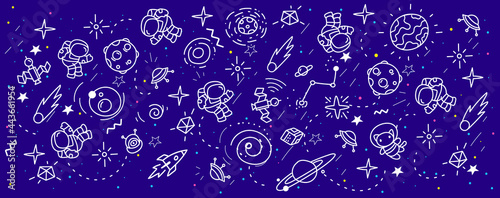 Vector abstract kid space illustration, fun pattern with astronaut, star, planet and white line