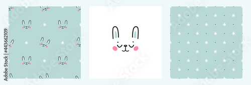 Set of Seamless Patterns and Poster with Cute Bunny and Stars. Childish Background with Little Easter Rabbit Face. Vector Baby Funny Animals Drawing for Tee Print for Kids.