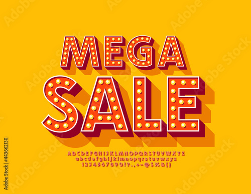 Vector promo poster Mega Sale. Vintage style Alphabet Letters and Numbers with Lamps. Bright retro Font