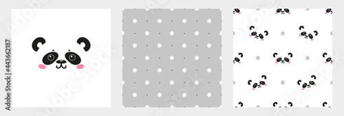 Set of Seamless Patterns and Poster with Cute Panda and Stars. Childish Background with Little Chinese or Bamboo Bear Face. Vector Baby Funny Animals Drawing for Tee Print for Kids.