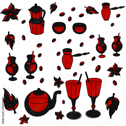 coffee pattern, coffee grain pattern, turk for brewing coffee, geyser coffee maker, double-bottom glass cups for tea and coffee, mulled wine cups,teapot, mulled wine glasses, drinks for relaxation, co