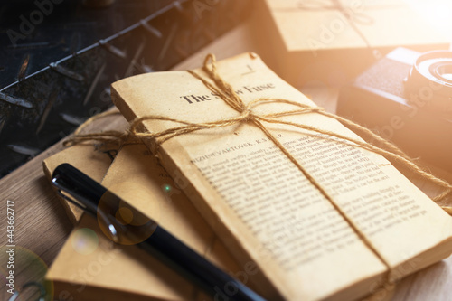 old fiction books on the table background