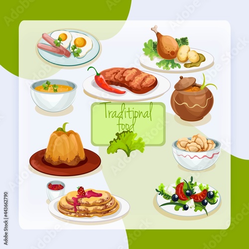 Traditional food dishes set with greek salad fried eggs chicken leg isolated vector illustration