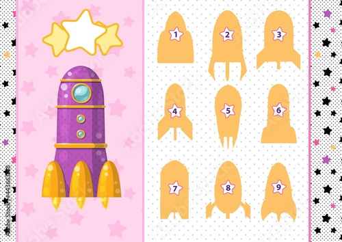 Find the correct shadow. Printable worksheet. A4 lanscape horizontal page. Rocket. Educational game for children. Vector