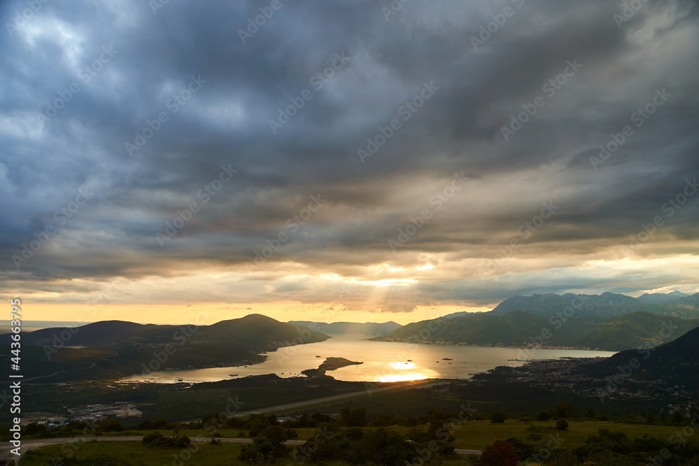 View of the Tivat Bay and the airport runway. Sunset in the Tivat Bay