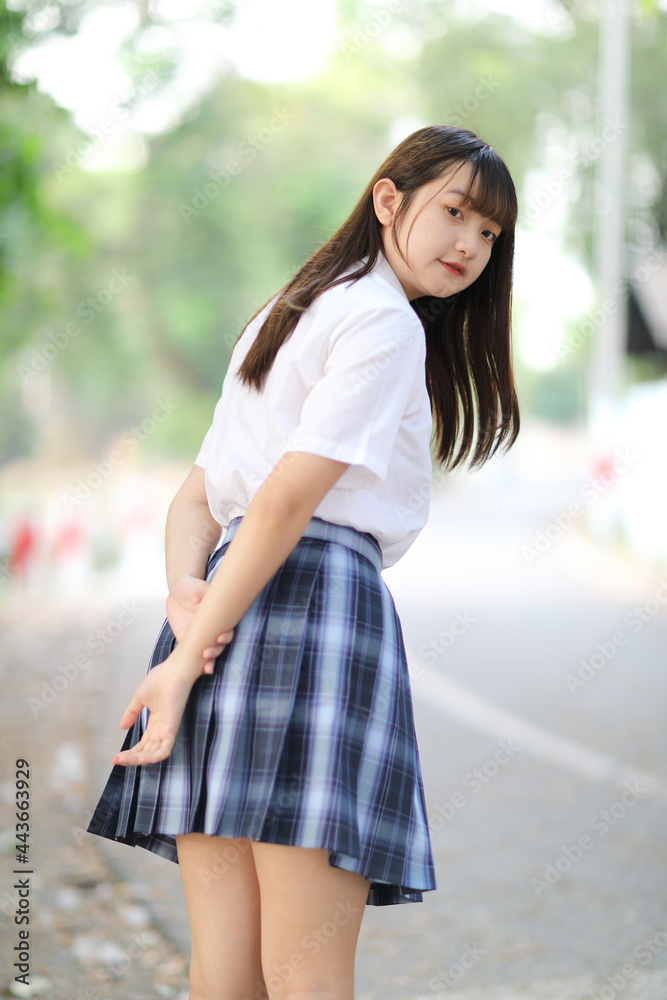 beautiful asian japanese school girl uniform looking at park outdoor beautiful asian japanese school girl uniform looking at park outdoor