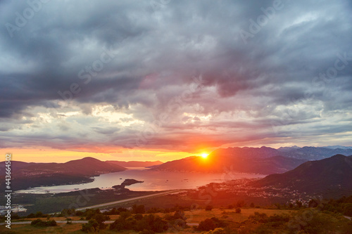 View of the Tivat Bay and the airport runway. Sunset in the Tivat Bay