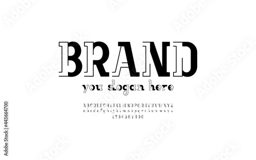 Trendy modern striped font, alphabet from two black stripes, uppercase and lowercase Latin letters from A to Z and Arab numbers from 0 to 9 for you design or logo, vector illustration 10EPS