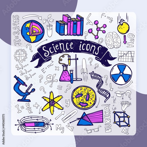 Science symbols doodle sketch pictograms of relativity equation formula eureka moment and chemical reaction abstract vector illustration
