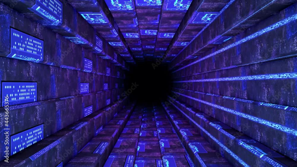 Abstract technological background 3D animation, moving through a futuristic technological or digital cyberspace tunnel corridor or shaft loop.