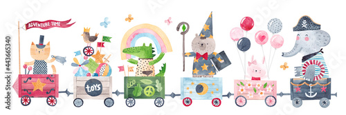 Funny animals travel on a toy train. Watercolor illustration. Kids party.