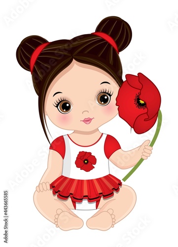 Vector Cute Dark-Haired Baby Girl with Poppy 