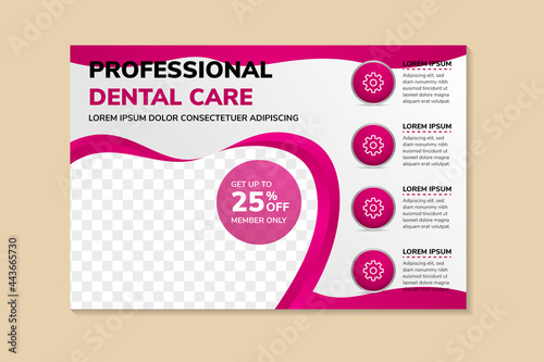horizontal flyer design template for professional dental care. tooth shape for space for photo. pink gradient element and border. soft grey background use with infographic on vertical layout.