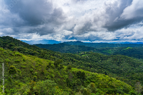 A panoramic view of the viewpoint of the fertile forest on many hills in Chiang Mai, Thailand.