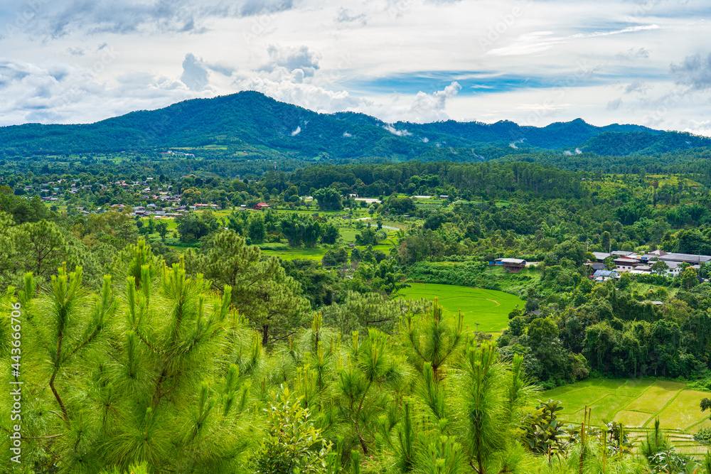Greenery of rice fields and hill tribe villages in the rainy season of Chiang Mai, Thailand.