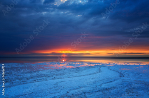 Natural salt on Lake Elton at sunset  Russia