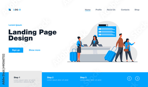 Happy travelers going through flight registration counter. Trip, baggage, luggage flat vector illustration. Travel and vacation concept for banner, website design or landing web page