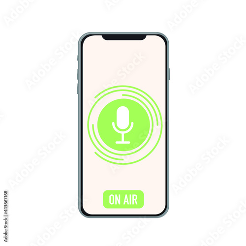 On air on phone. Button on air to radio, video, blog, podcast, show. Social media. On air button or banner element - catchy dialog message box. Digital communication. Web