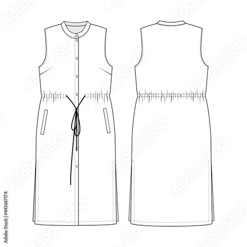 Fashion technical drawing of sleeveless dress with drawstring