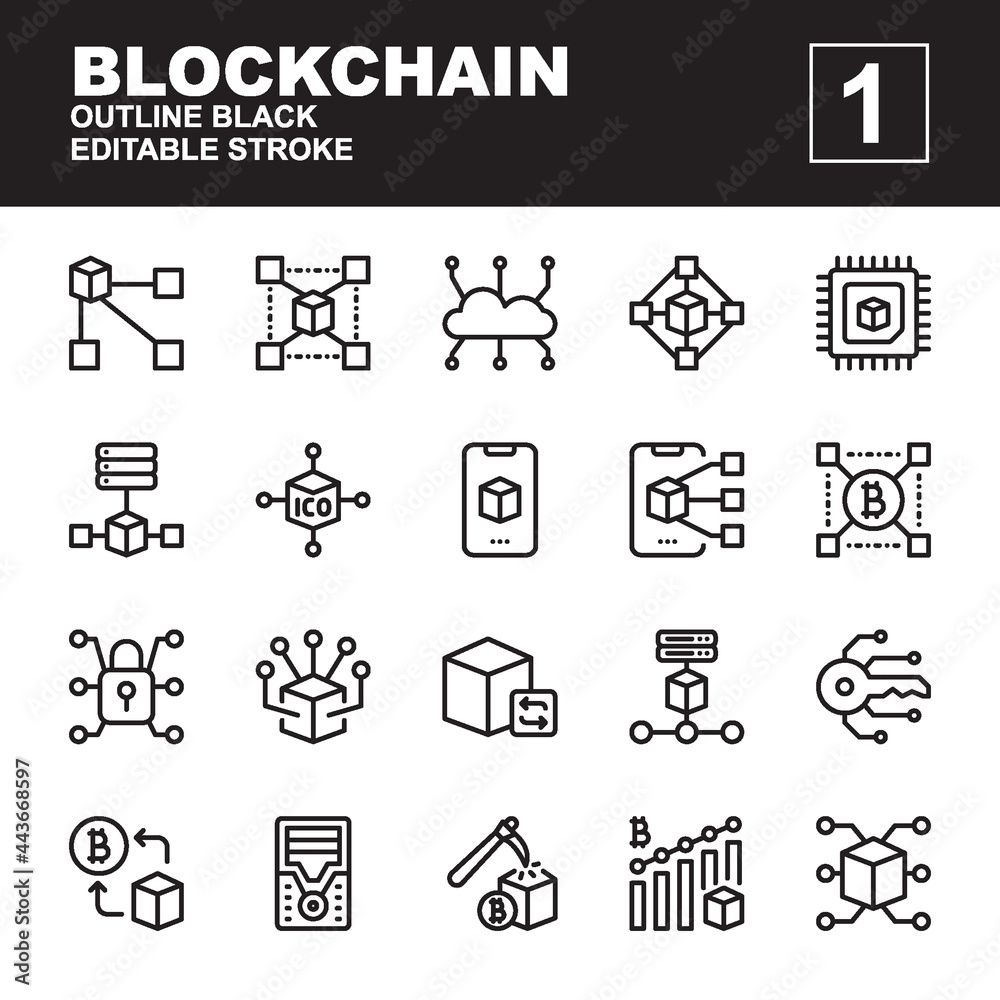 Icon Set Blockchain with outline black style. Contains such of distributed, cloud, server, transaction, mobile blockchain, security, node and more. You can use for web, app and more. Editable stroke.