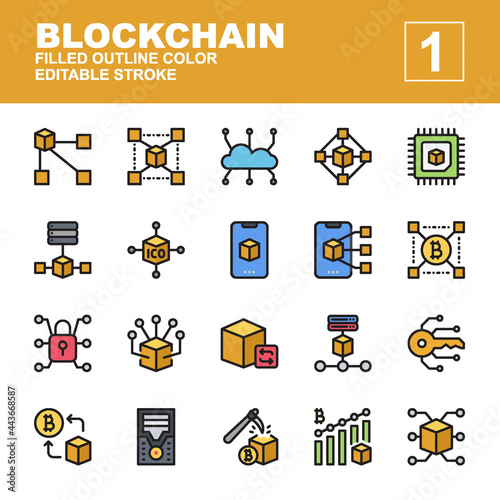 Icon Set Blockchain with line color style. Contains such of distributed, cloud, server, transaction, mobile blockchain, security, node and more. You can use for web, app and more. Editable stroke.