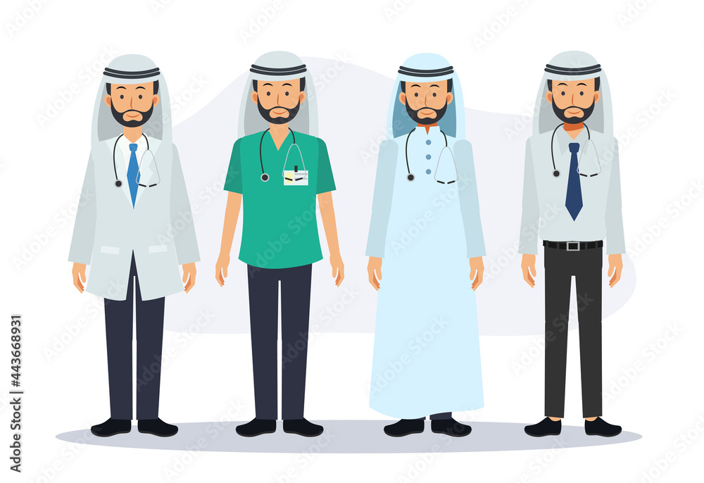 Set of male Arab doctor characters. Hospital worker and medical staff. Flat vector cartoon character illustration.