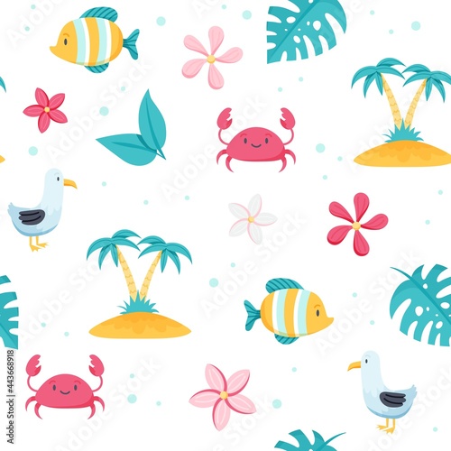 Summer sea pattern. Cute fish, seagull, crab, palm trees. Hand drawn flat cartoon elements. Vector illustration