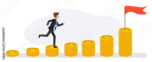 businessman runs up the stacks of coins. financial success concept, moving towards. Flat vector cartoon character.