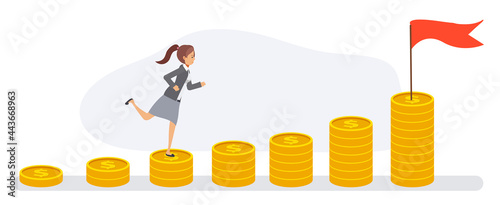 businesswoman runs up the stacks of coins. financial success concept, moving towards. Flat vector cartoon character.