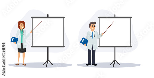Set of male and female Doctor with clipboard giving medical presentation.Flat vector cartoon character illustration.