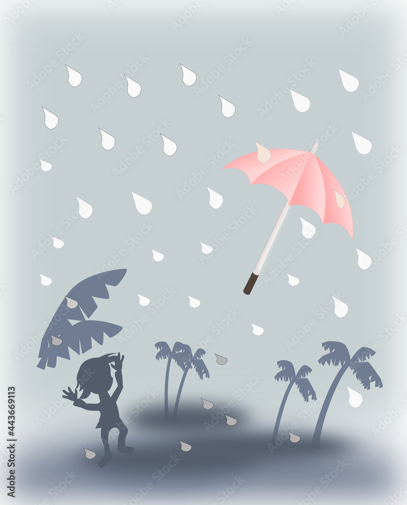 A pink umbrella blows away with the wind, while a person is left in the rain. 
