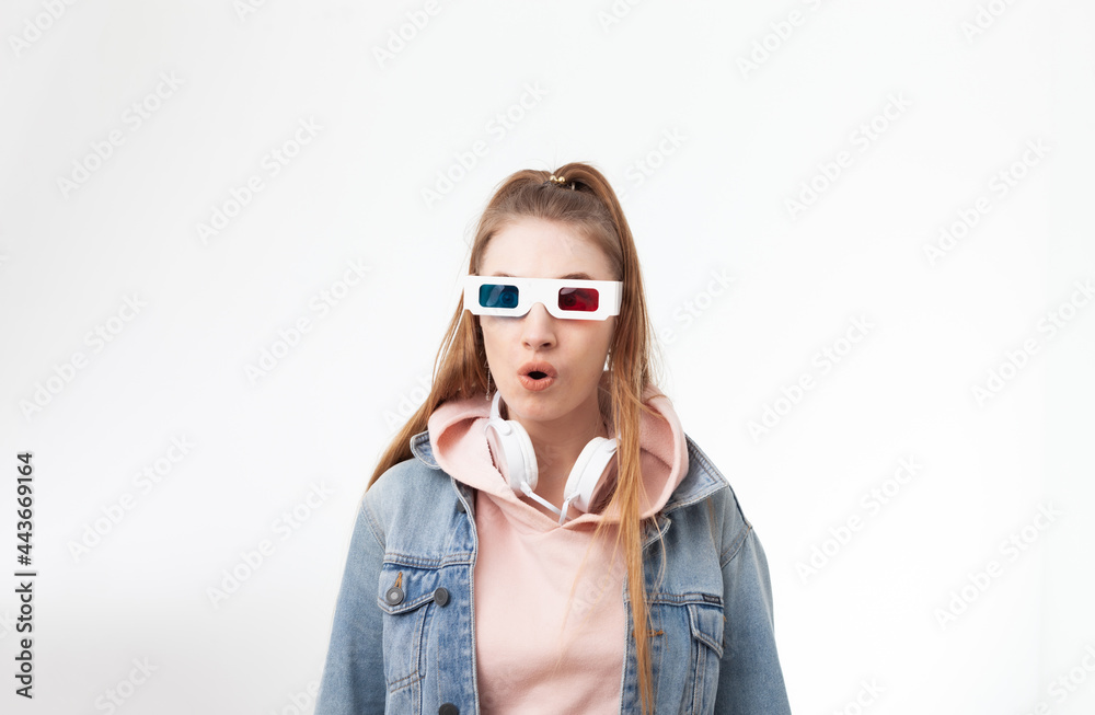 Funny portrait of woman in 3d glasses on a white background