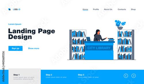 Female smiling librarian standing at counter. Book, shelf, paper flat vector illustration. City library and knowledge concept for banner, website design or landing web page