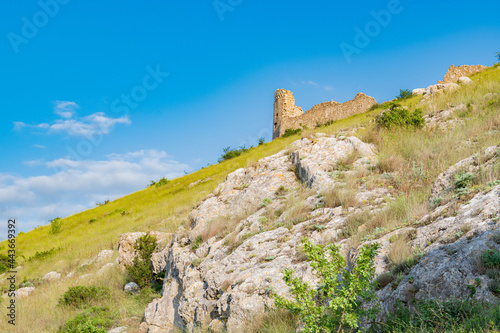 View tower of Chembalo fortress. Medieval architecture monument, landmark. Ruined stone Genoese fortress in Balaklava in Crimea 