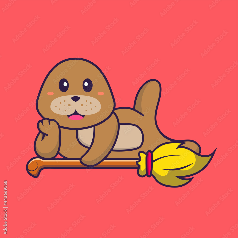 Obraz premium Cute dog lying on Magic Broom. Animal cartoon concept isolated. Can used for t-shirt, greeting card, invitation card or mascot. Flat Cartoon Style