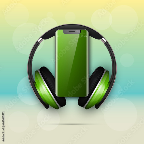 Image headphones on smartphone latest model background. Device for listening music on phone latest model background. Color stereo headphone for listening audio from phone. Banner earphones music party