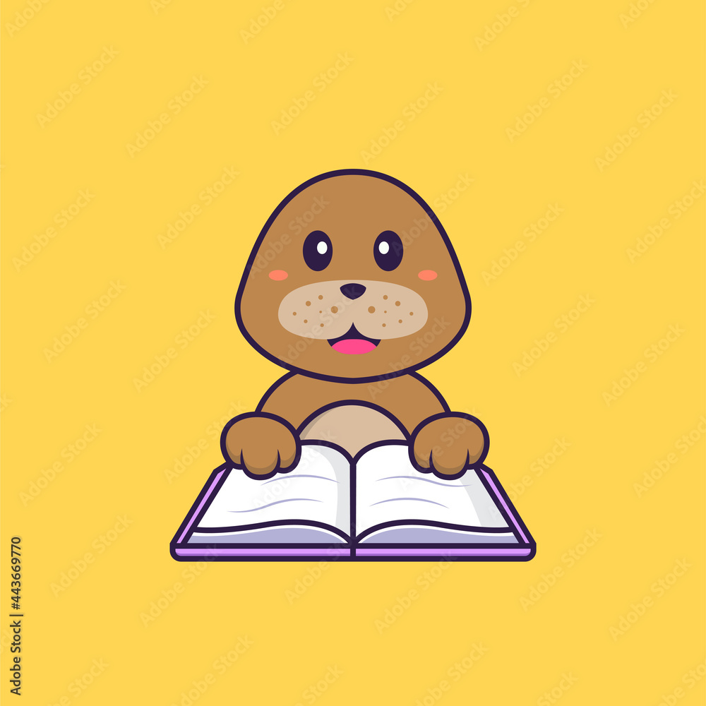 Cute dog reading a book. Animal cartoon concept isolated. Can used for t-shirt, greeting card, invitation card or mascot. Flat Cartoon Style